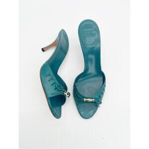 Gucci Vintage Tom Ford Era Teal Leather Bamboo Bow Mule Heeled Sandals US 9